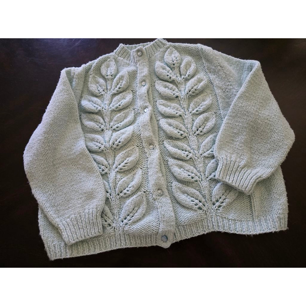 RARE Vintage Aqua Light Blue Leaf Pattern Cottagecore Grandma Cardigan Sweater